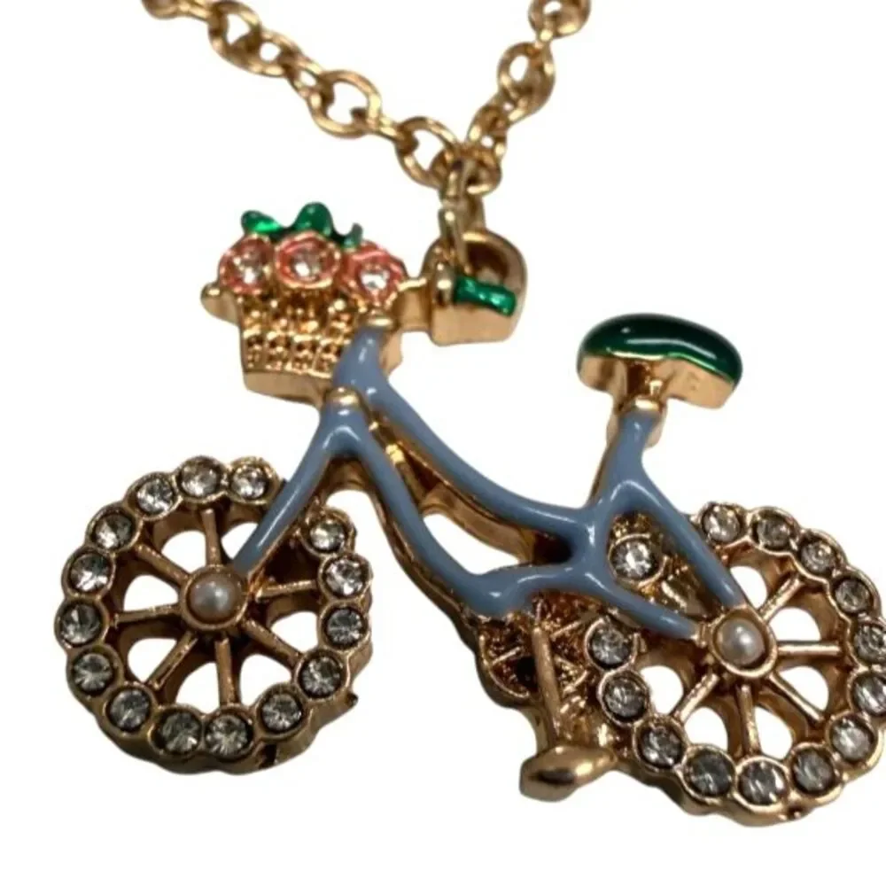 J.Crew Whimsical Blue Enamel Rhinestone Bicycle Pendant Gold Tone Chain Necklace